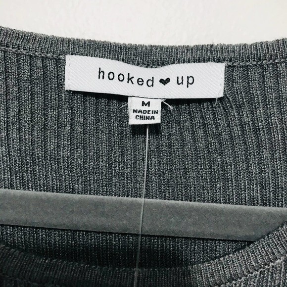 Hooked Up heather gray top women Grey laced up long sleeve rib sweater size M - Picture 4 of 8